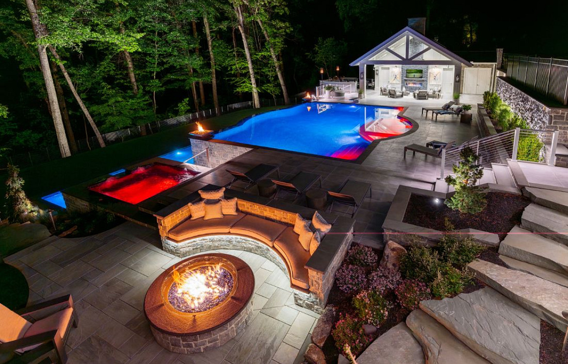 Outdoor Oasis outdoor fire pit, pool, lighted yard