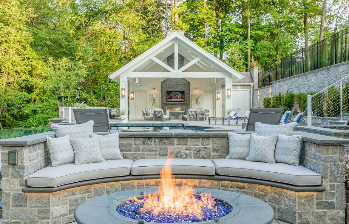 Outdoor Oasis outdoor seating area, tv and fire pit