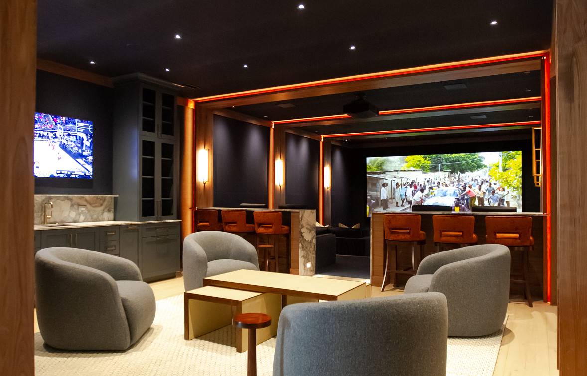 Private Illini Themed Home Theater seating and threater, lighting