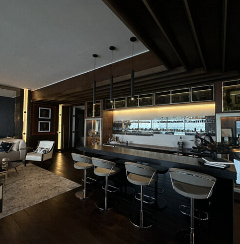 Dark timber kitchen with illuminated art display, integrated speakers and task lighting