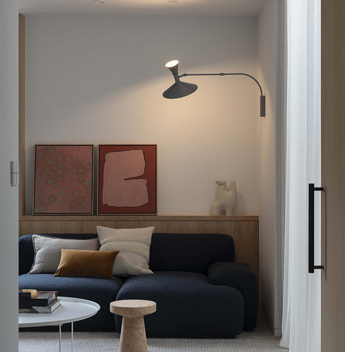 Compact lounge with automated curtain, wall light and concealed ceiling speakers