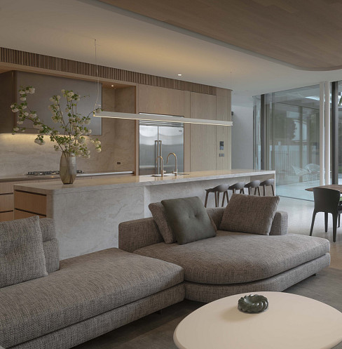 Open-plan living space with energy-efficient lighting, shading and climate control