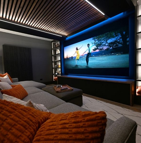 side view of smart home theater with cosy seating