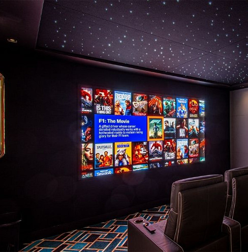 Private home cinema featuring an LG MAGNIT direct-view LED video wall