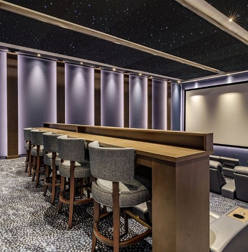 Home cinema concessions bar overlooking tiered seating and large projection screen