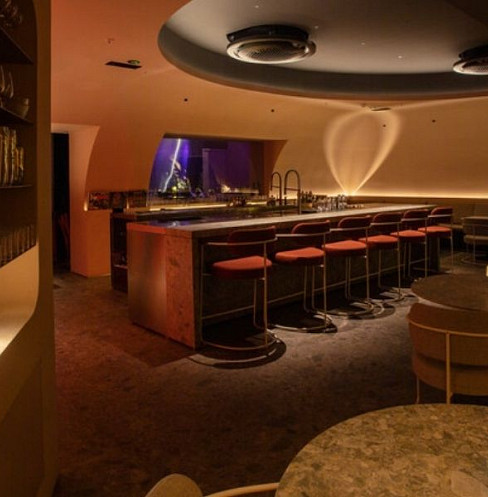 Bar interior with NEXO audio system integrated into curved architecture