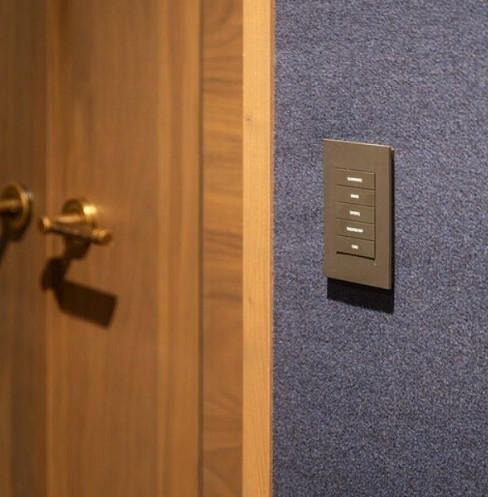 Brass wall lighting and removable acoustic panels in the luxury cinema