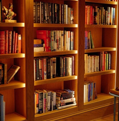 Built-in library shelving with discreet speakers and automated lighting