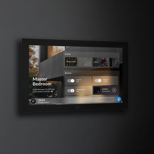 Wall-mounted smart home controller displaying bedroom lighting, shading and heating controls