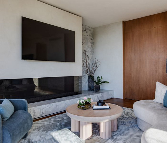Modern living room with integrated television and smart home technology