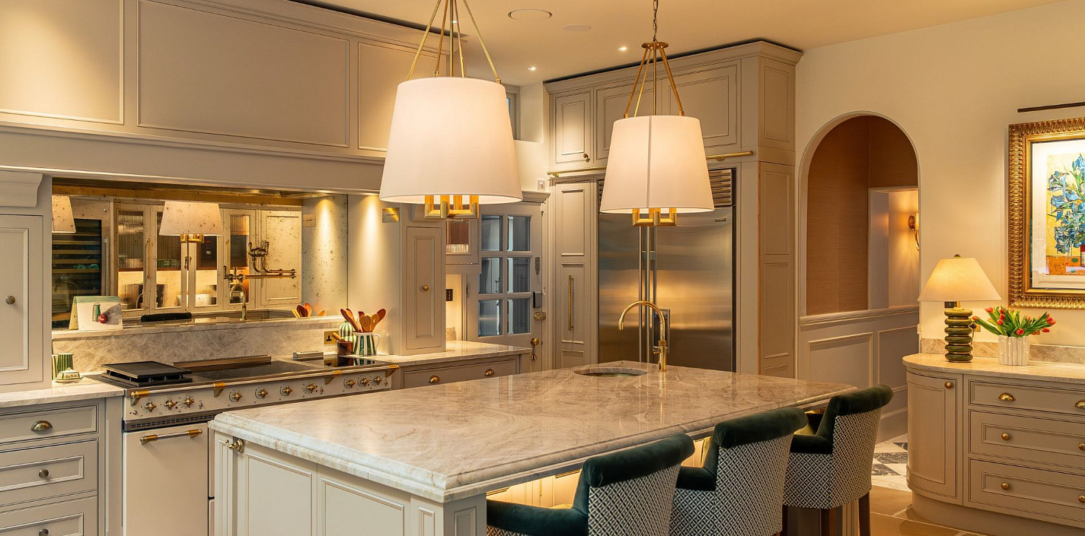 Luxury kitchen with smart lighting and a marble island